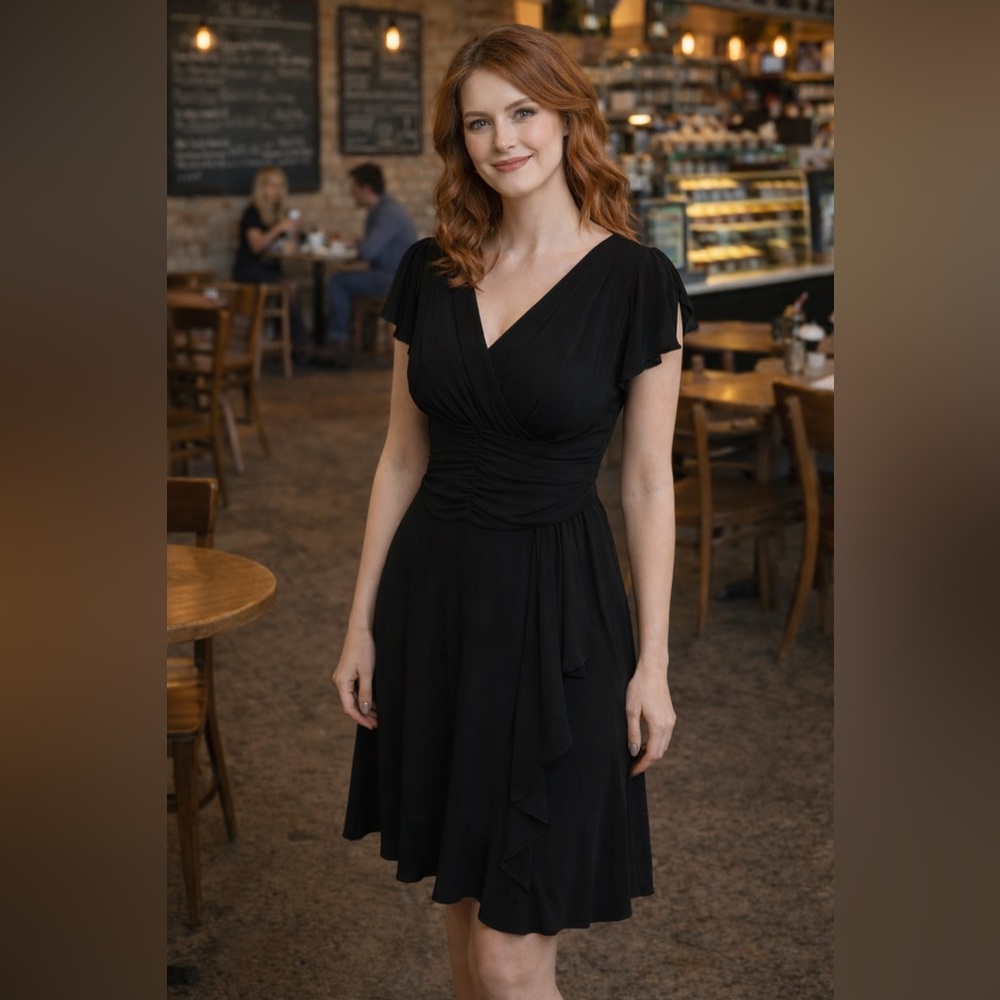 Black V-Neck Ruched Midi Dress